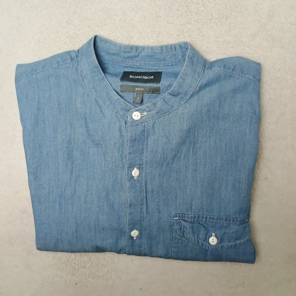Bonobos Shirt Mens L Blue Chambray Banded Collar Button-Up Long Sleeve Slim